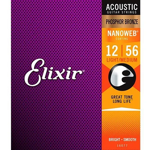 Elixir 16077 Nanoweb (12-56) Комплект струн для акустической гитары, Light-Medium, фосфорная бронза.